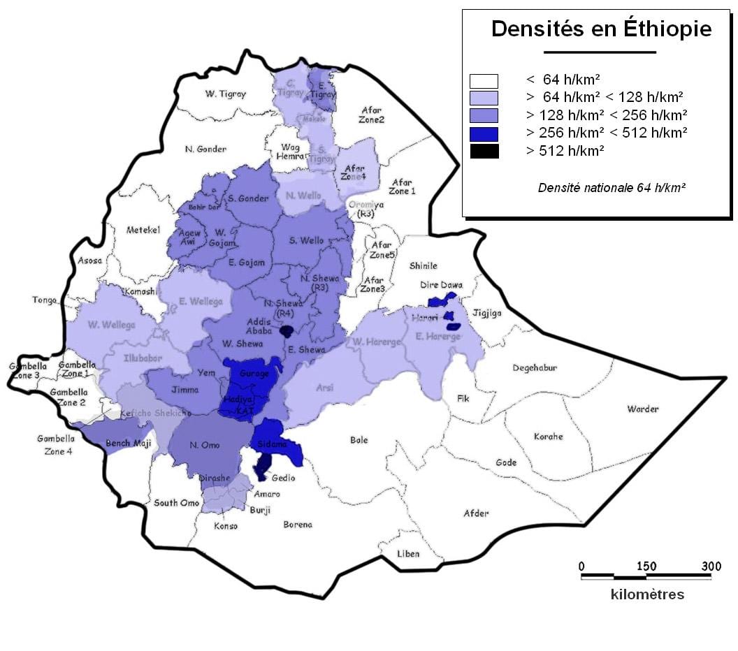 Etiopia densitatea populației hartă